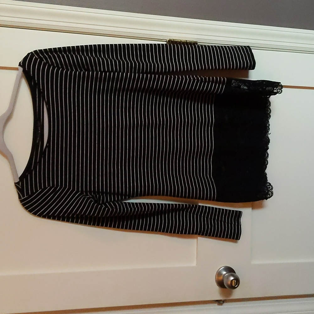 Long sleeve black and white striped shirt with black lace bottom